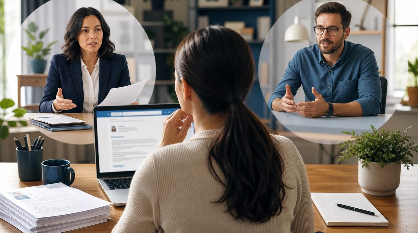 Job seeker comparing hiring manager vs recruiter roles on laptop during job search