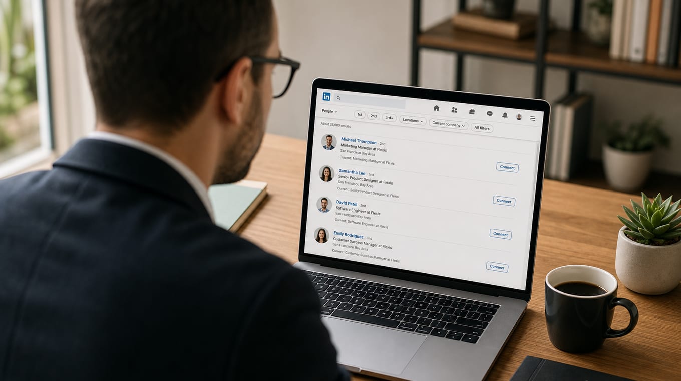 Professional searching LinkedIn to find the hiring manager for a job posting