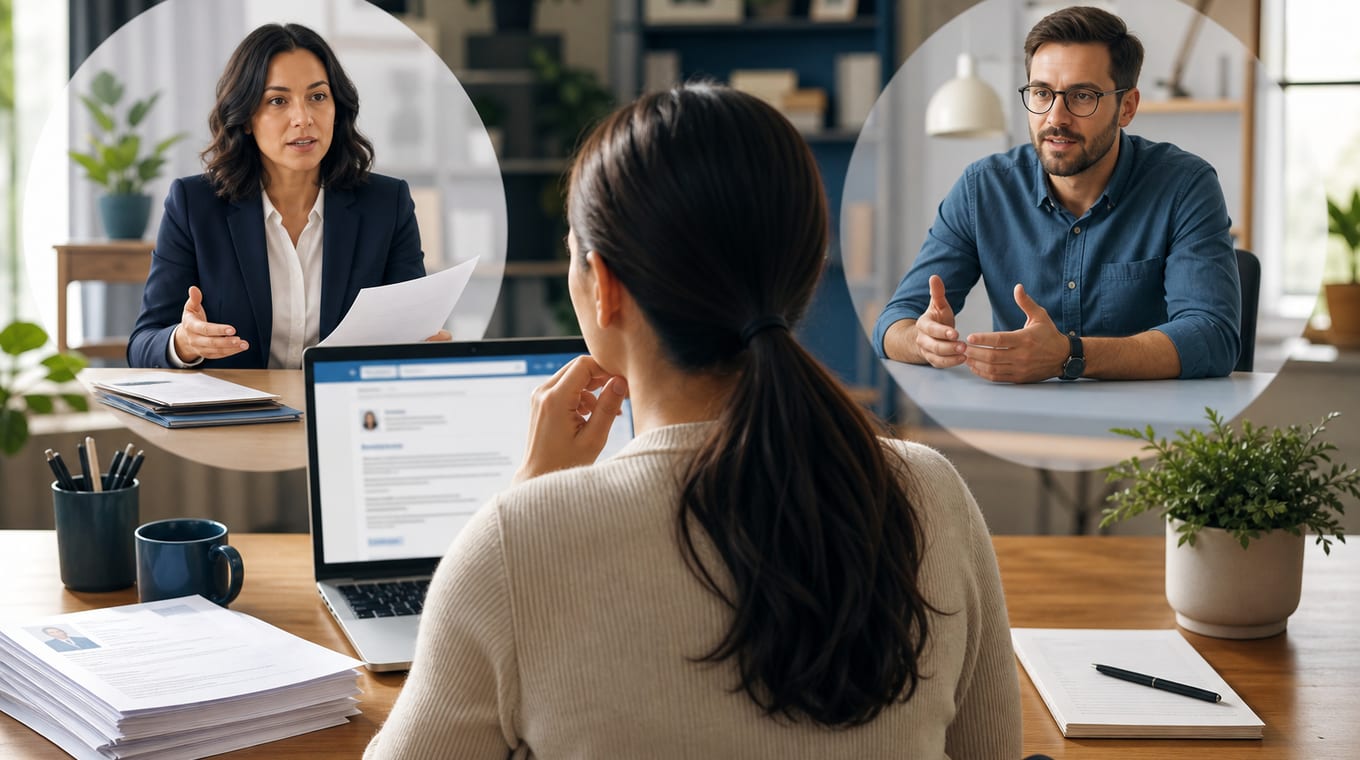 Job seeker comparing hiring manager vs recruiter roles on laptop during job search