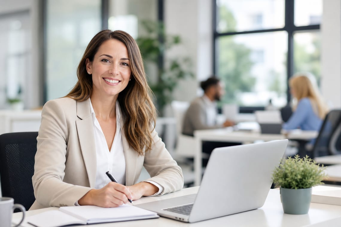 HR professional at a modern office desk for finding company HR email contacts