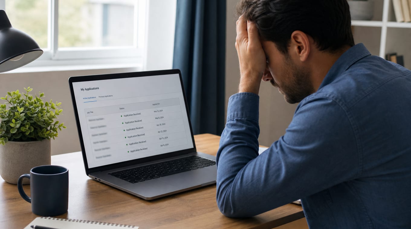 Frustrated job seeker reviewing silent job application status on laptop
